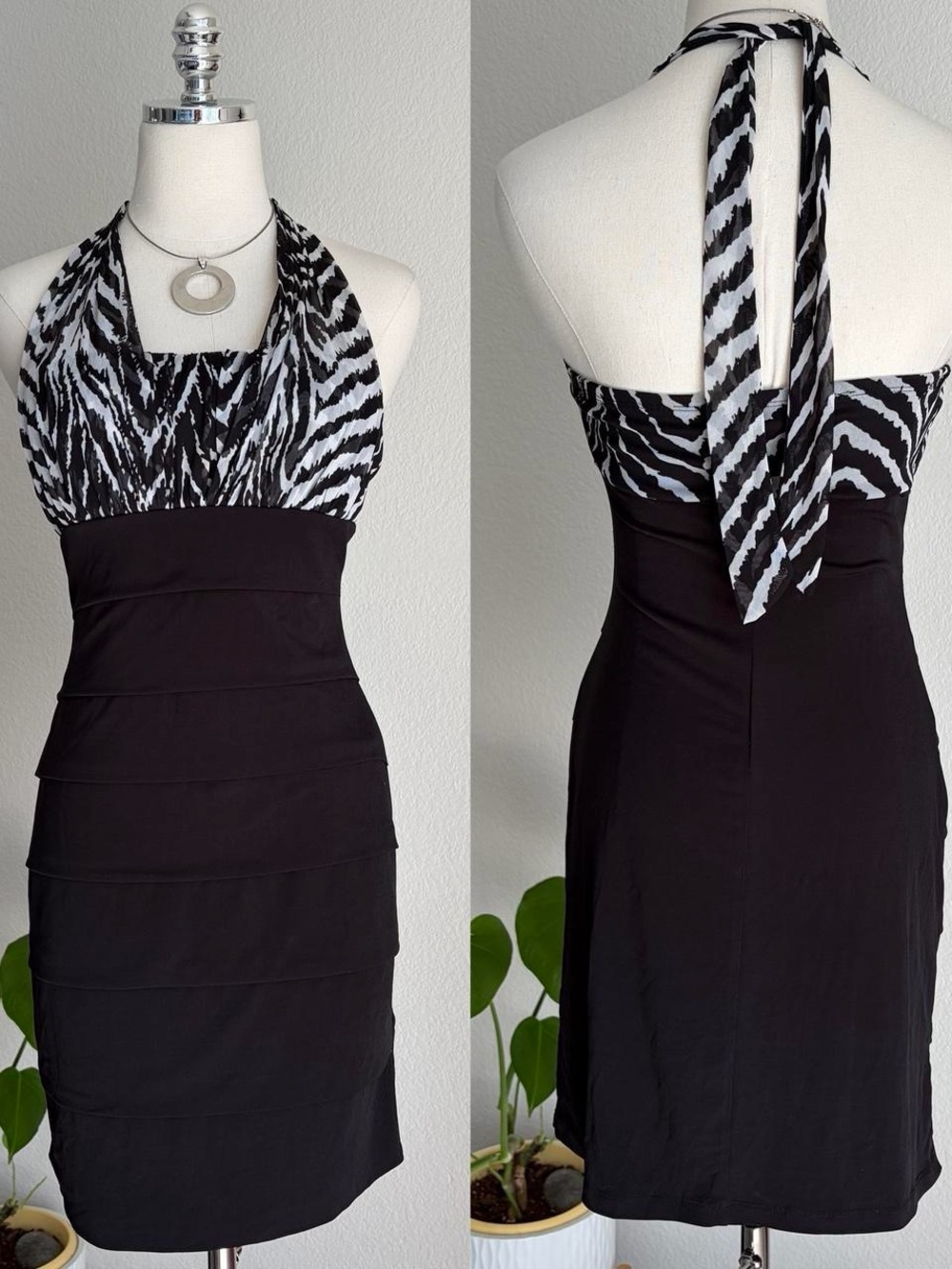 Sweet Storm Black & White Halter Zebra-Print Backless Dress